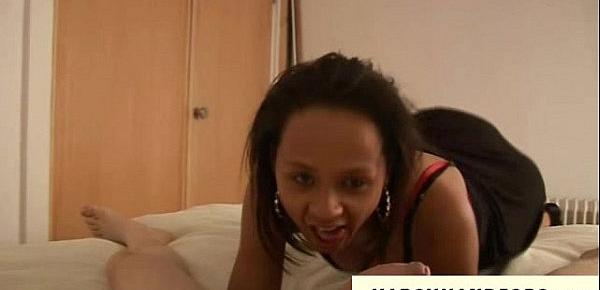  Angry black babe gives harsh handjob and slaps dick on hotel room